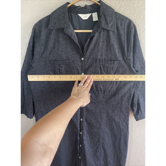 J Jill Womens Dress M Black Embroidered Eyelet Cotton Button Front Short Sleeve - Picture 5 of 8